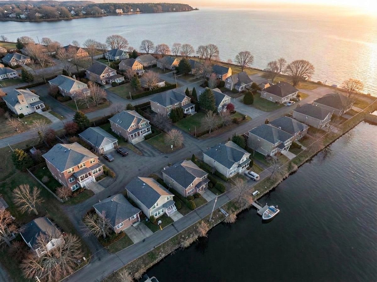 Aerial view of a waterfront residential neighborhood