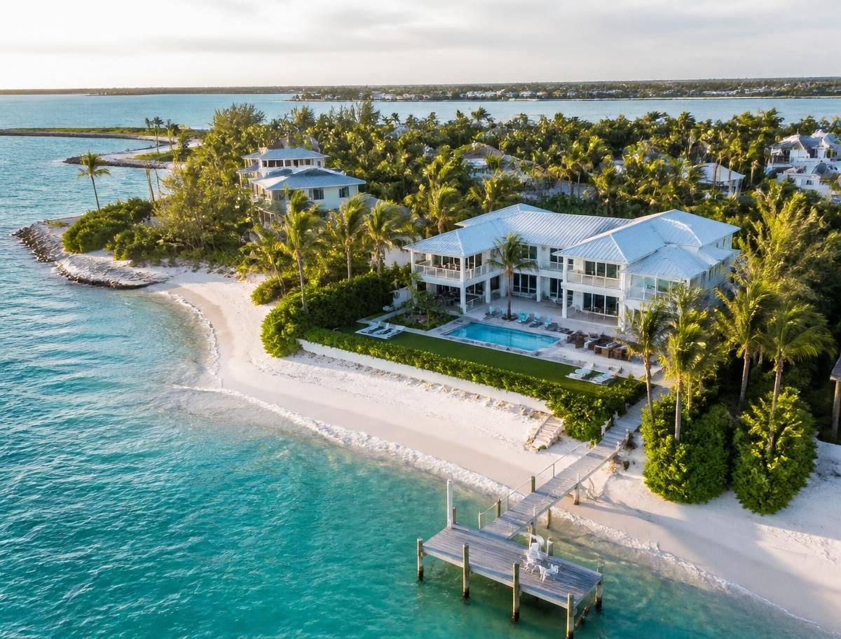 Aerial view of a waterfront home, pool and private dock