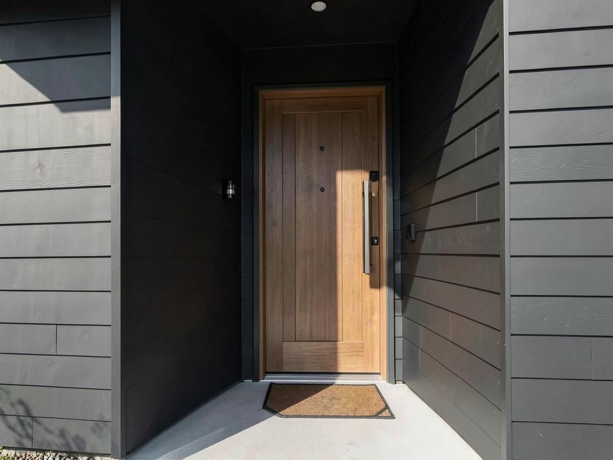 Contemporary home entryway with dark siding