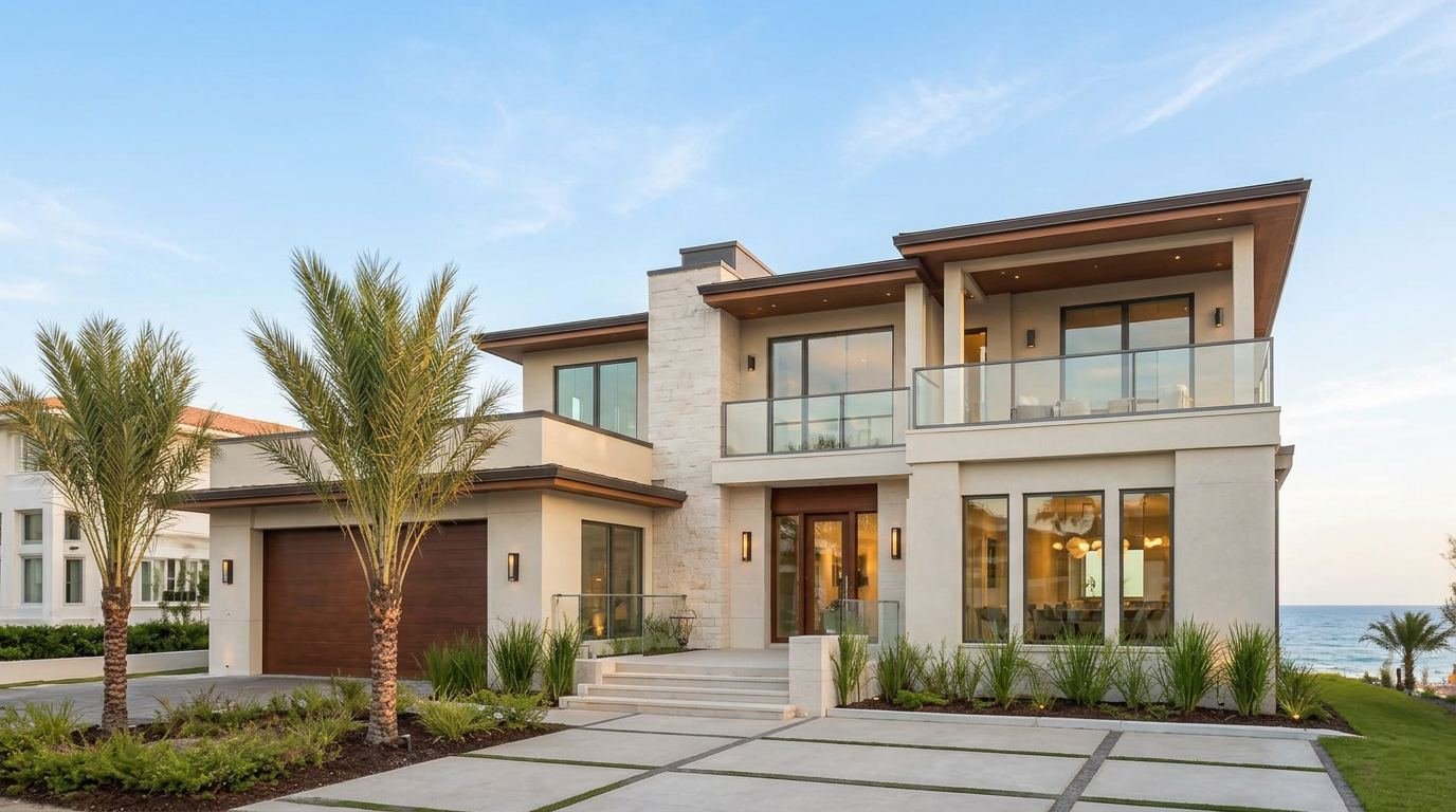 Twilight exterior photograph of a modern Gulf Coast property